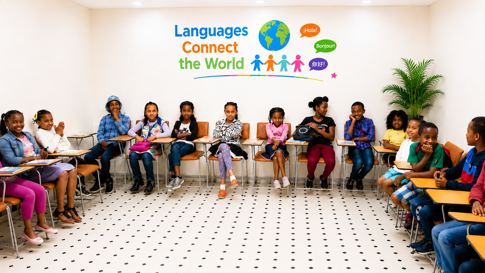 Children learning in a bright classroom with plants